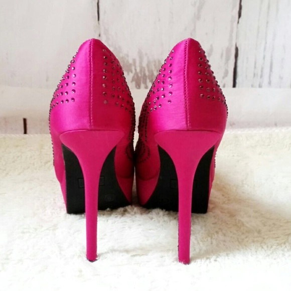 SM New York pink satin rhinestone platform pumps - Picture 3 of 8